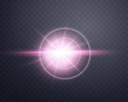 Sunlight lens flare, sun flash with rays and spotlight. Pink glowing burst explosion vector