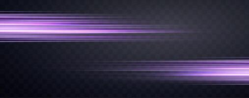 Speed rays, velocity light neon flow, zoom in motion effect, purple glow speed lines, colorful light trails, stripes. vector