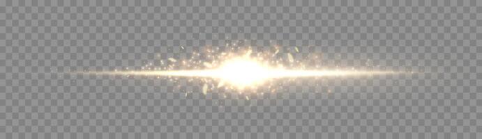 Gold horizontal lensflare. Light flash with rays or gold spotlight and bokeh. Yellow glow flare light effect. vector