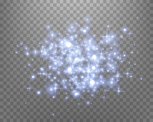 Blue magic sparks and dust stars. Blue glow flare light effect. Christmas light effect.