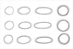 Hand drawn circle and Oval line sketch, Rounds scribble line circles. illustrations. vector