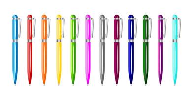 Set Multicolored Flat Pens Isolated on White Background. Collection Illustration Colored Pens. Office Elements for Back to School Design. Writing Tool, Banner, Poster. vector