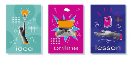 Trendy Collection of Collages with Hand, Laptop Computer, Lightbulb. Modern Posters design of website, programming, online lessons, idea. Illustration Concept with simple elements and icons. vector