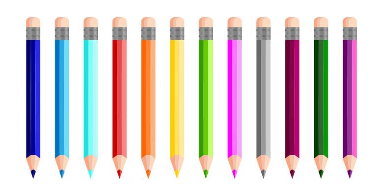 Multicolor pencils, 3d back to school, colored wooden elements for office, education, artists, children's flat style illustration isolated on white background.