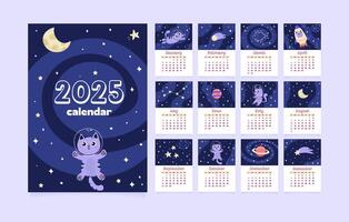 2025 Calendar Template. Monthly calendar 2025 with space cute cat astronaut in space. 12 months design template. Starts on Sunday. Modern calendar for kids. Vertical calendar vector