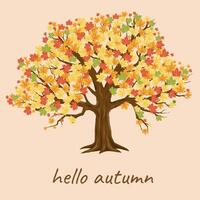Modern Cute Hello Autumn Card Template with Maple Tree. Trendy Poster Suitable for poster, business card, invitation, flyer, banner, brochure, email header, post in social, website, print. . vector