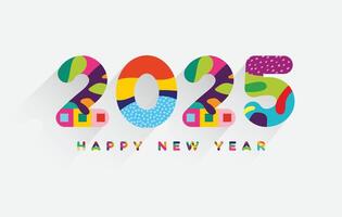 Happy New Year 2025. Holiday greeting card design. White paper numbers on a defocused colorful, bokeh background. vector