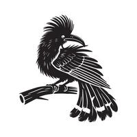 A black and white illustration of a crow sitting on a branch vector