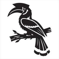 A black and white illustration of a toucan sitting on a branch vector