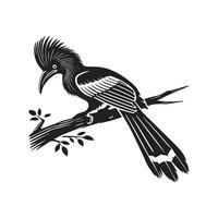 A black and white illustration of a bird sitting on a branch vector