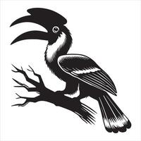 A black and white illustration of a toucan sitting on a branch vector