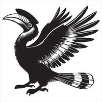 A black and white image of a toucan with its wings spread vector