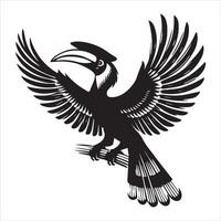 A black and white image of a toucan with its wings spread vector