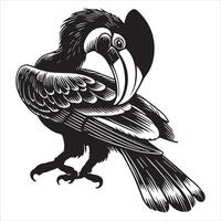 A black and white illustration of a toucan vector