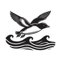 A black and white drawing of a bird flying over waves vector