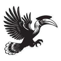 A black and white image of a toucan with a hat on vector