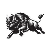 A black and white illustration of a running buffalo vector