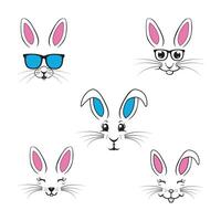 Set of cartoon bunny faces with glasses and ears vector