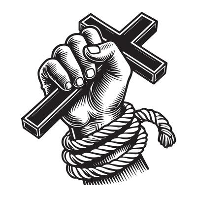 A hand holding a rope and a cross