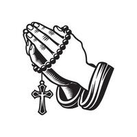 Praying hands with rosary and cross vector