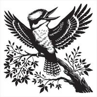 A black and white drawing of a bird on a tree branch vector