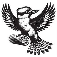 A black and white illustration of a bird flying over a log vector