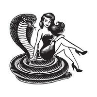 A woman sitting on a snake with a snake in her hand vector