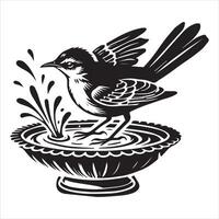 A black and white illustration of a bird on a bowl vector