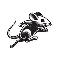 A black and white illustration of a mouse running vector