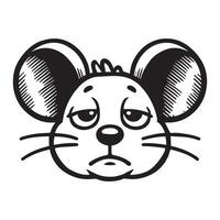 A black and white drawing of a mouse with sad eyes vector