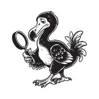 A black and white drawing of a bird holding a magnifying glass vector