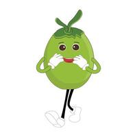 Cute coconut mascot cartoon smile, Illustration Happy Coconut Character Summer Design with a straw, a slice of lemon and a small umbrella, while others gave a thumbs up vector