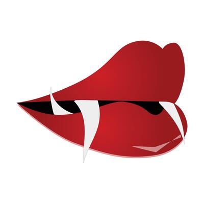 Vampire mouth with fangs icon illustration. Cartoon open red lips woman with long pointed teeth expression emotion, suitable for halloween design theme