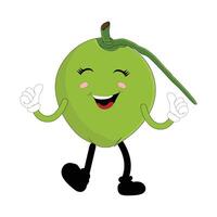 Cute coconut mascot cartoon jump, Illustration Happy Coconut Character Summer Design with a straw, a slice of lemon and a small umbrella, while others gave a thumbs up vector