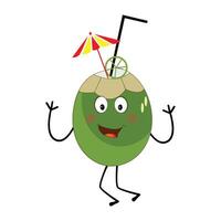 Coconut mascot cartoon jumping, Illustration Happy Coconut Character Summer Design with a straw, a slice of lemon and a small umbrella, while others gave a thumbs up vector