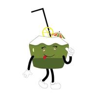 Coconut mascot cartoon posing, Illustration Happy Coconut Character Summer Design with a straw, a slice of lemon and a small umbrella, while others gave a thumbs up vector