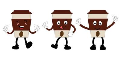 Coffee cup mascot character set posing, funny coffee cups with different facial expressions and poses. Funny colorful characters in doodle style vector