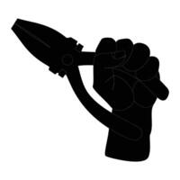 The worker holds the pliers in hands, black icon. Human hands holding pairs of pliers. The builder is holding a working tool. vector