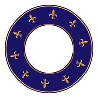 Fleur-de-lys motif in a repeating pattern, in blue and gold round pattern, frame. For plates, textile, print design vector