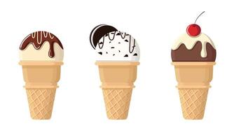 Set of ice cream cones with various flavors. Ice cream in vanilla, cookies n cream, and chocolate flavors vector