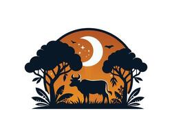 cow silhouette in the forest at night with moon and trees vector
