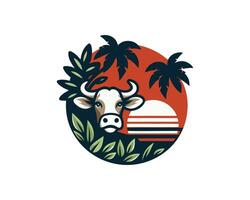 cow with palm trees and sunset in the background vector