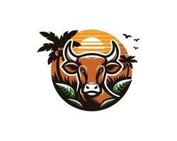 an image of a cow with a palm tree in the background vector