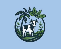 a cow in the jungle with palm trees vector