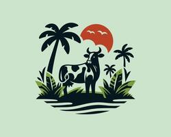 cow in the jungle with palm trees and a sunset vector