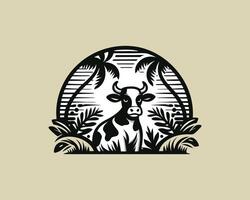 a cow in the jungle with palm trees vector