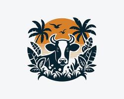 cow in the jungle with palm trees and birds vector