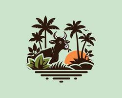 an image of a cow in the jungle with palm trees vector