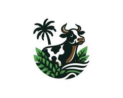 cow with palm tree and palm leaves vector