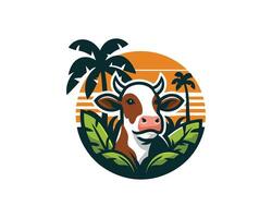 cow in the jungle with palm trees and a sunset vector
